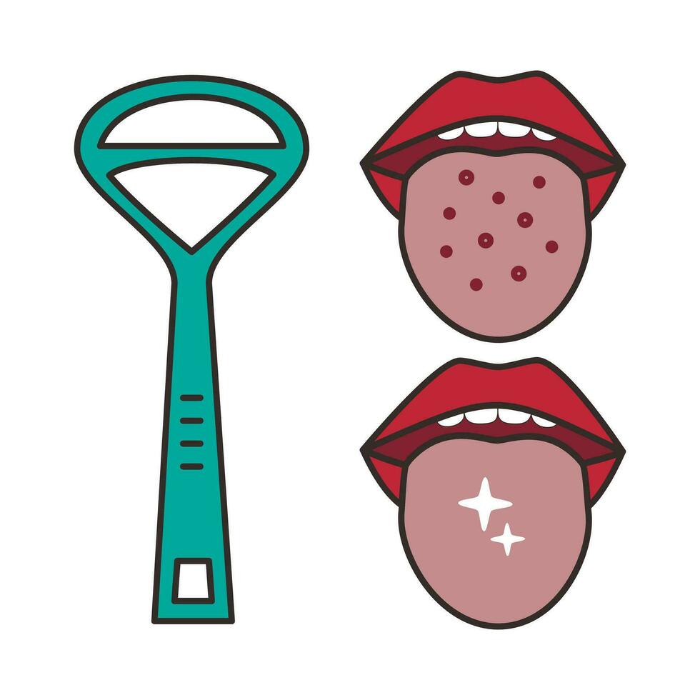 Vector illustration of tongue hygiene. Tongue cleaner, dirty and clean tongue isolated in white. Dental care. Oral hygiene and dental procedures concept. Flat style