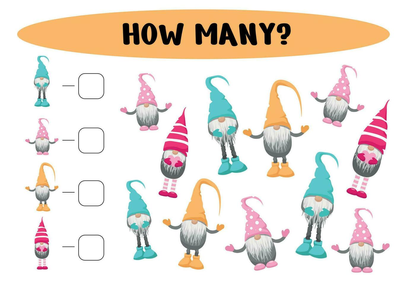 Counting game for children. Educational mathematical game. How many   gnomes are there - count the number vector