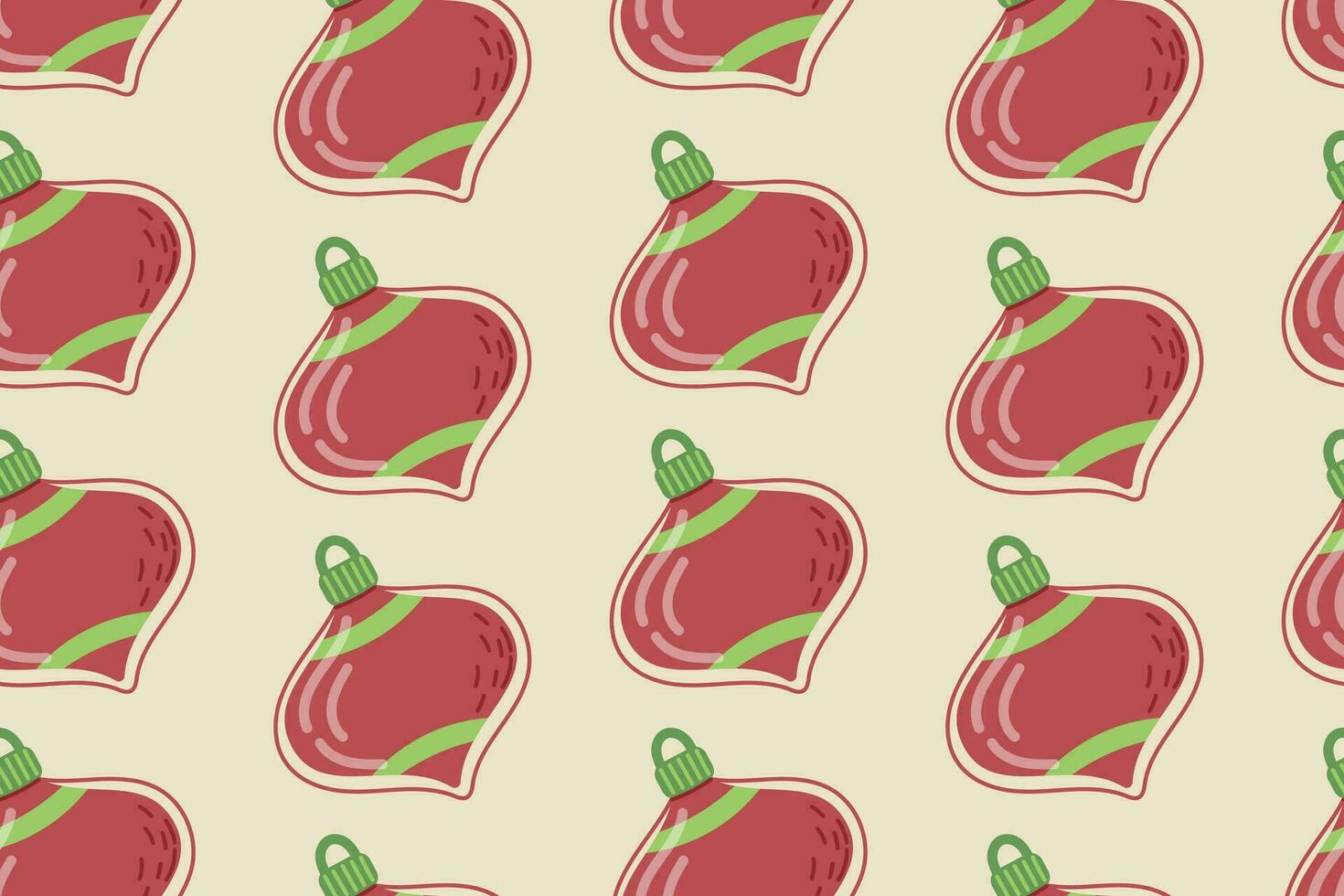 Glass red cartoon Christmas tree toy. Vector seamless pattern, flat holiday decoration.