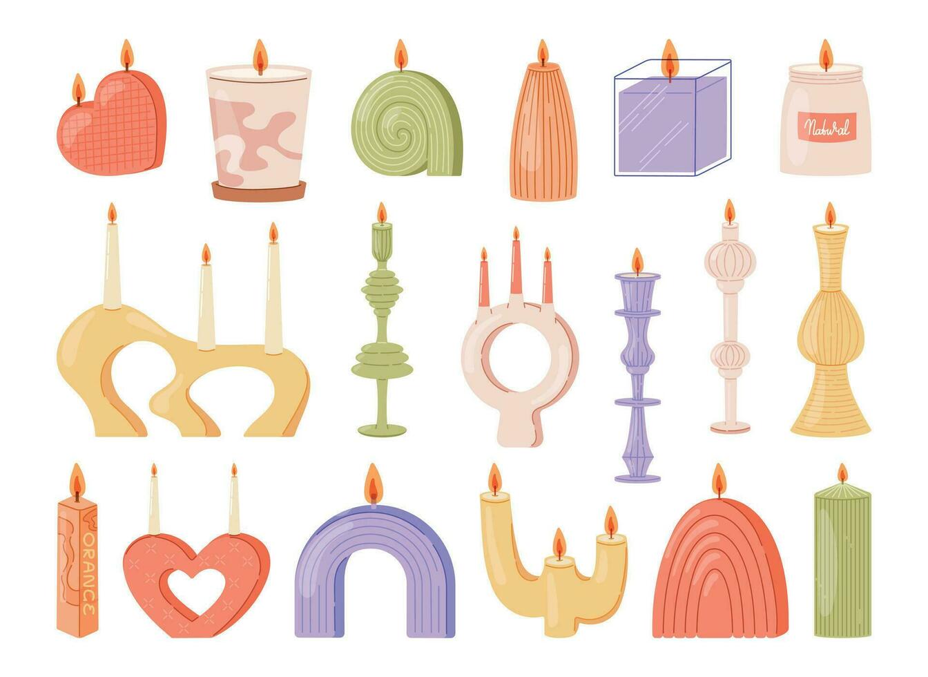 Decorative interior multi-colored candles with a flame. Set of vector isolated flat illustrations, home design element.