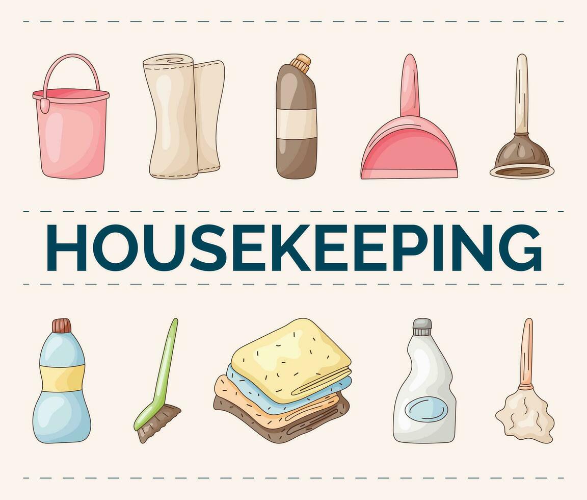 Set of cleaning icons, detergents and tools, lettering housekeeping. vector