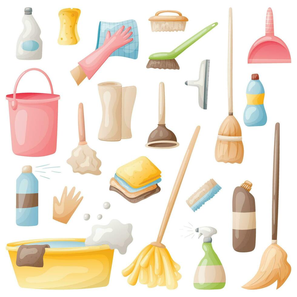 conjunto de vector íconos de casa limpieza, Lavado y frescura. dibujos animados botellas de detergente, trapeadores, toallitas, esponjas y harapos.