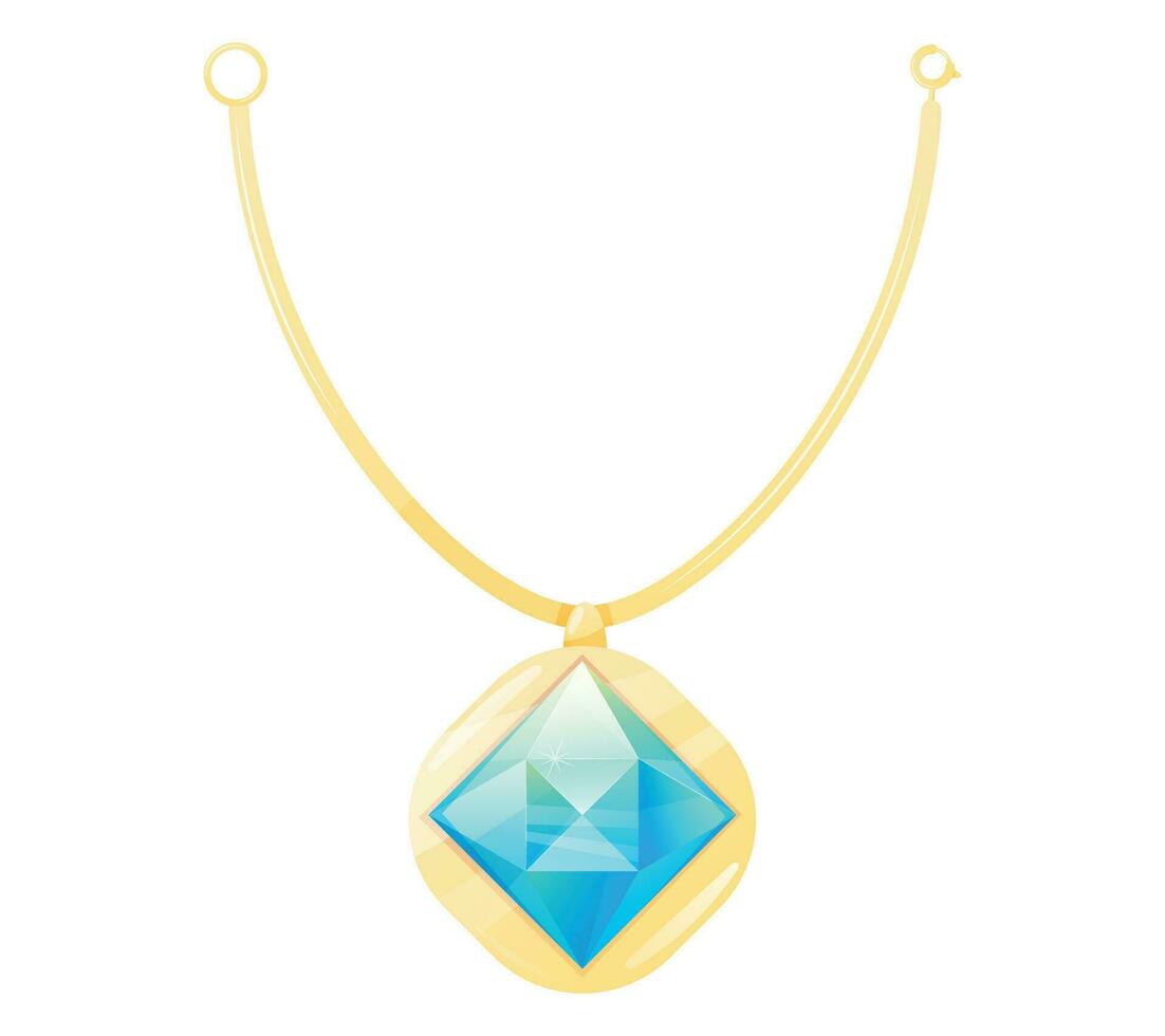 Golden royal luxury necklace with blue emerald or diamond precious gem stone. Vector isolated cartoon female pendant, expensive treasure jewelry.