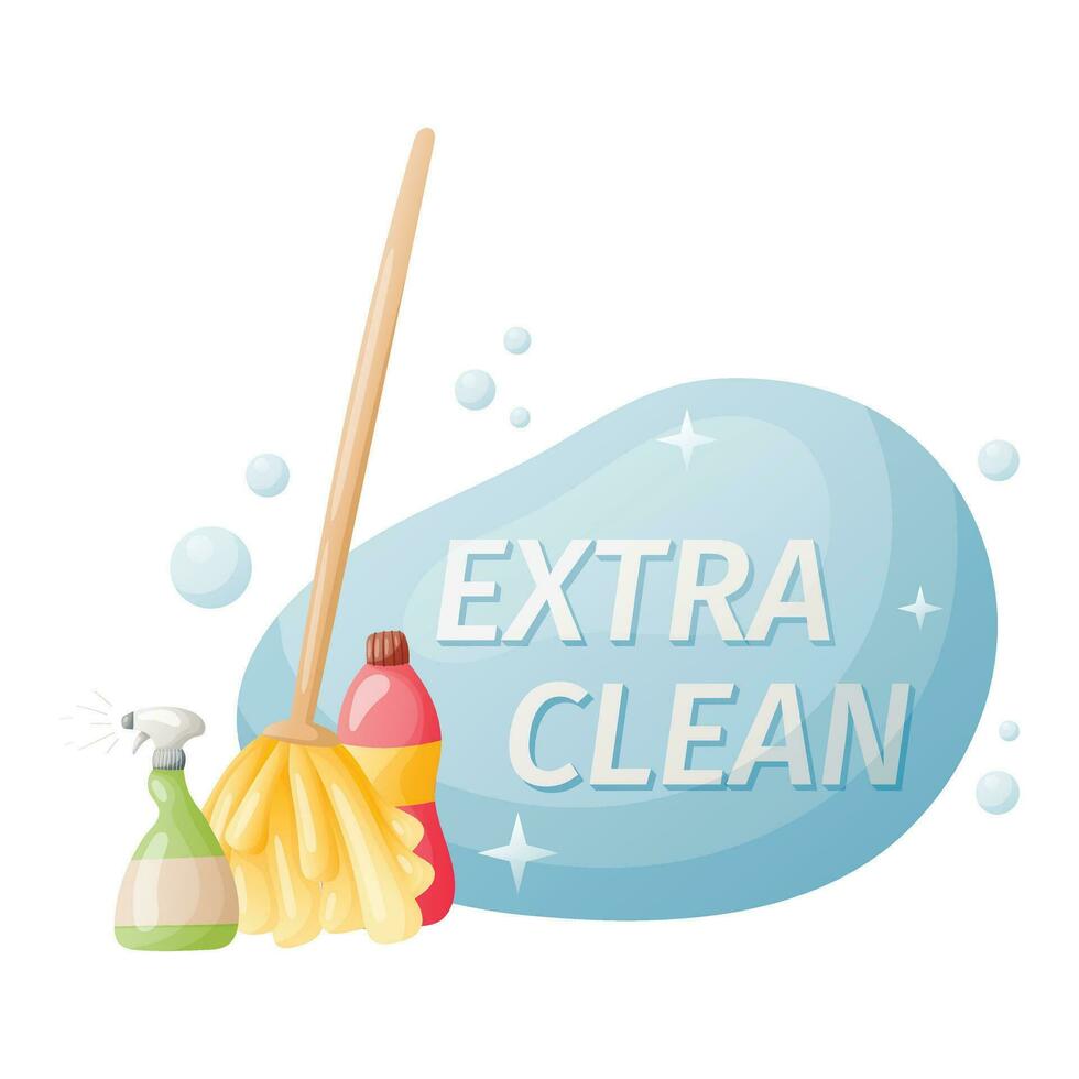 Vector banner with the inscription extra clean and illustrations of a mop and detergents.