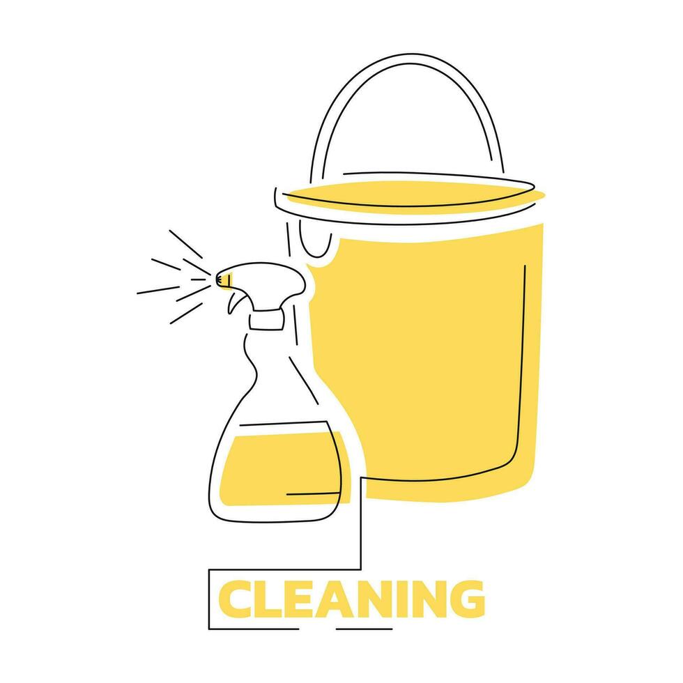 Vector line logo with text cleaning. Bucket and detergent in a spray bottle.