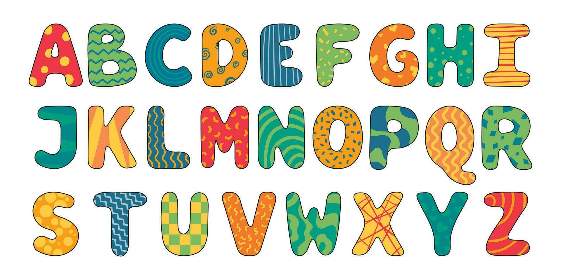vector dibujos animados Inglés alfabeto. un colección de aislado brillante latín letras decorado con patrones.