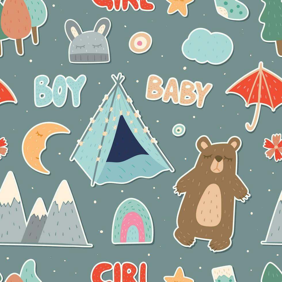 Seamless pattern set of cartoon vector stickers. Cute baby icons in scandinavian style. Children toys and accessories, home interior for kid bedroom.