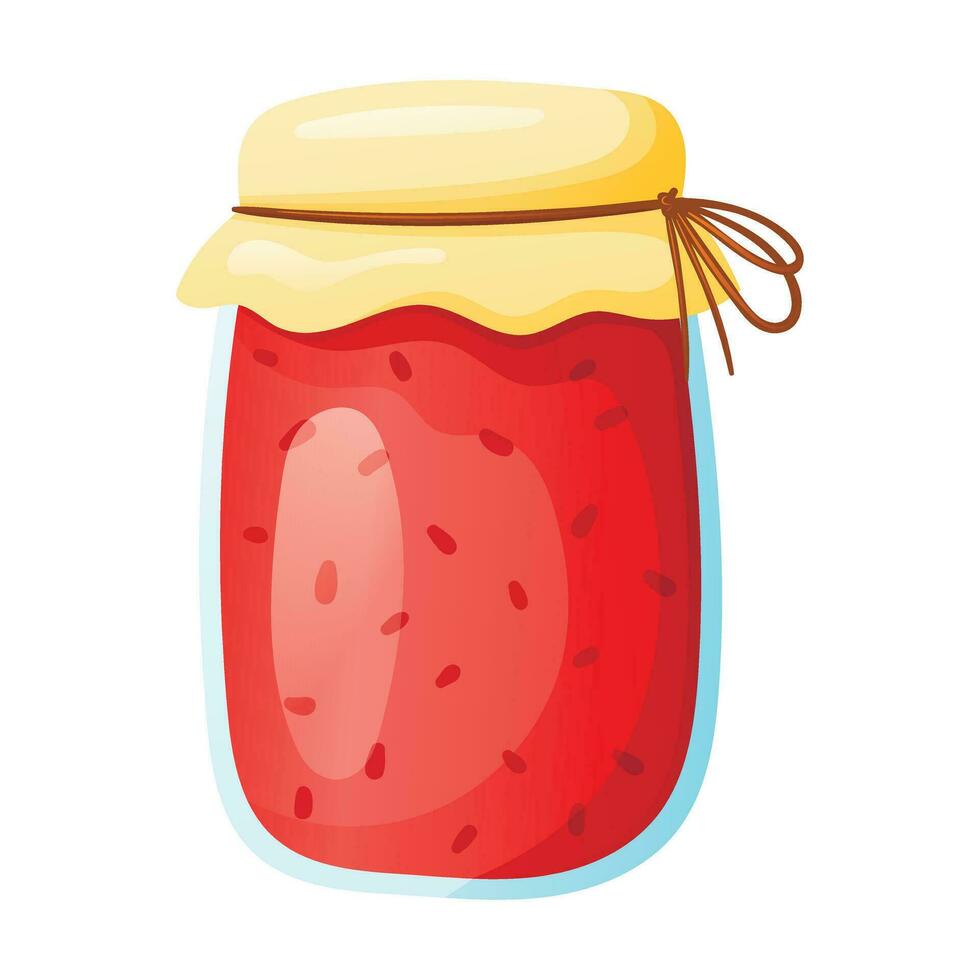 Vector isolated cartoon illustration of a glass jar with red berry jam with a lid on a string.