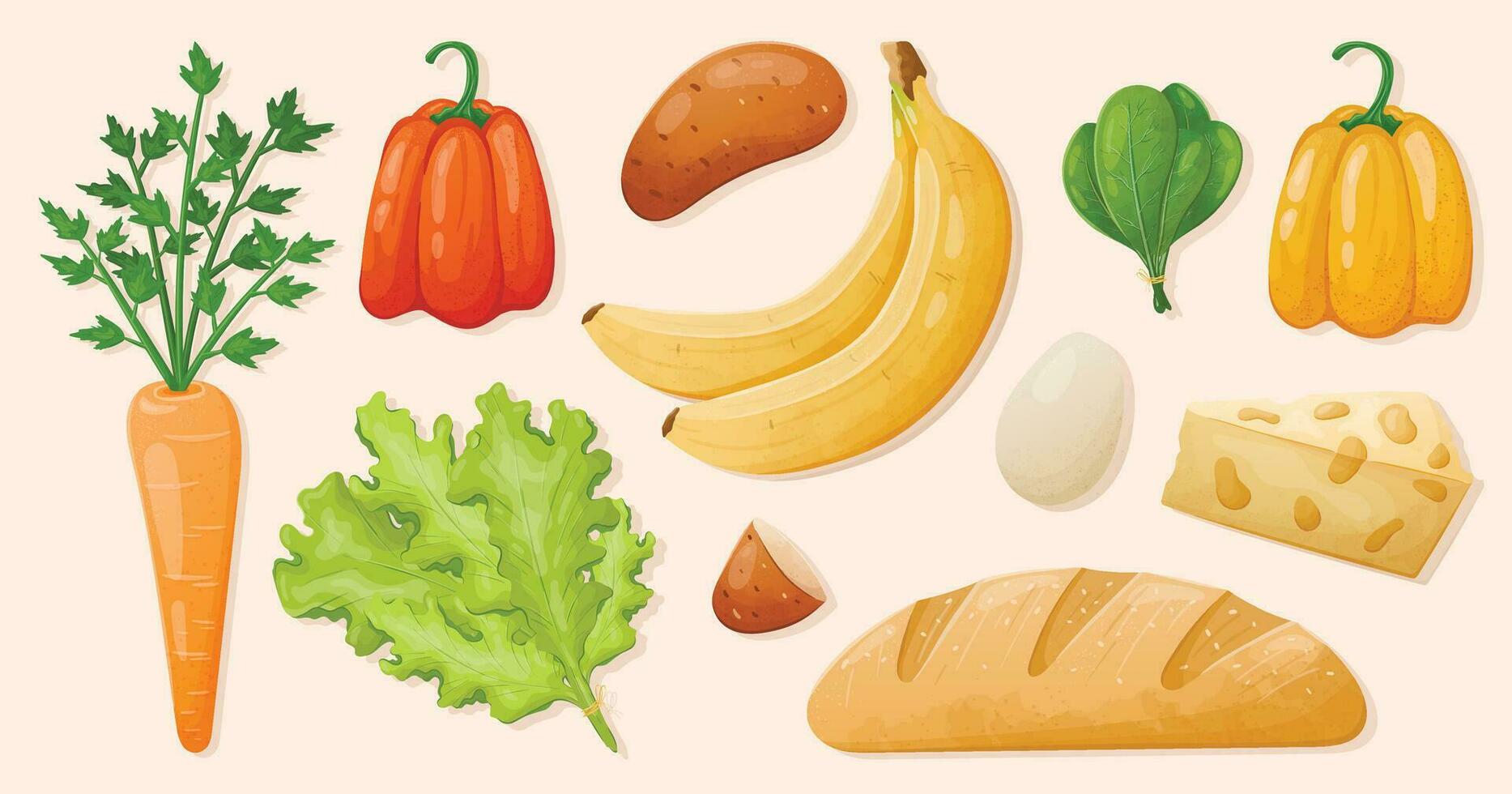 conjunto de vector aislado realista comida ilustraciones. Fresco sano vegetales y frutas, crudo hierbas, pan, queso y leche.
