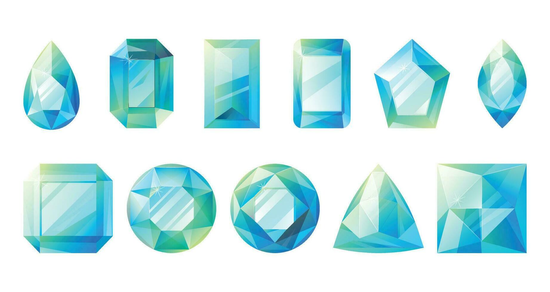 azul dibujos animados gemas en diferente geométrico formas facetado diamantes y cristales conjunto de vector brillante realista costoso joyería piedras