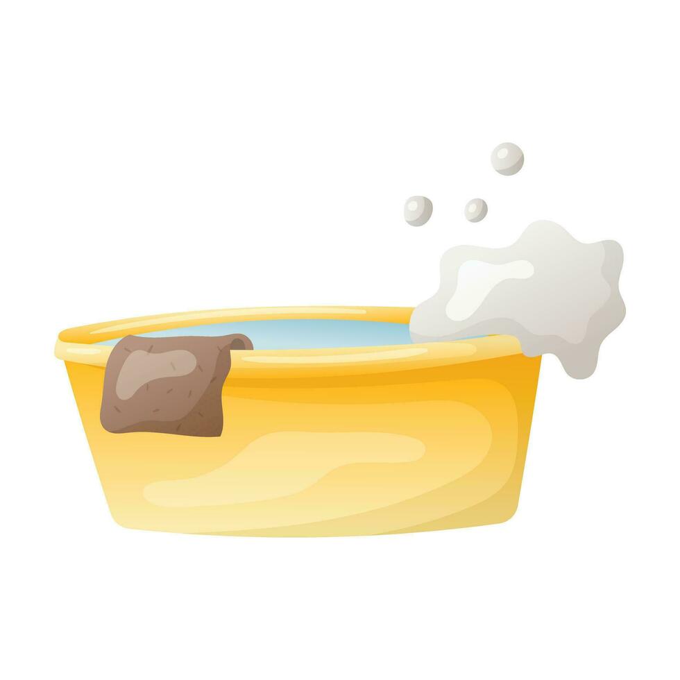 Vector isolated illustration of a cartoon basin with soapy water and a rag or napkin for washing and cleaning.