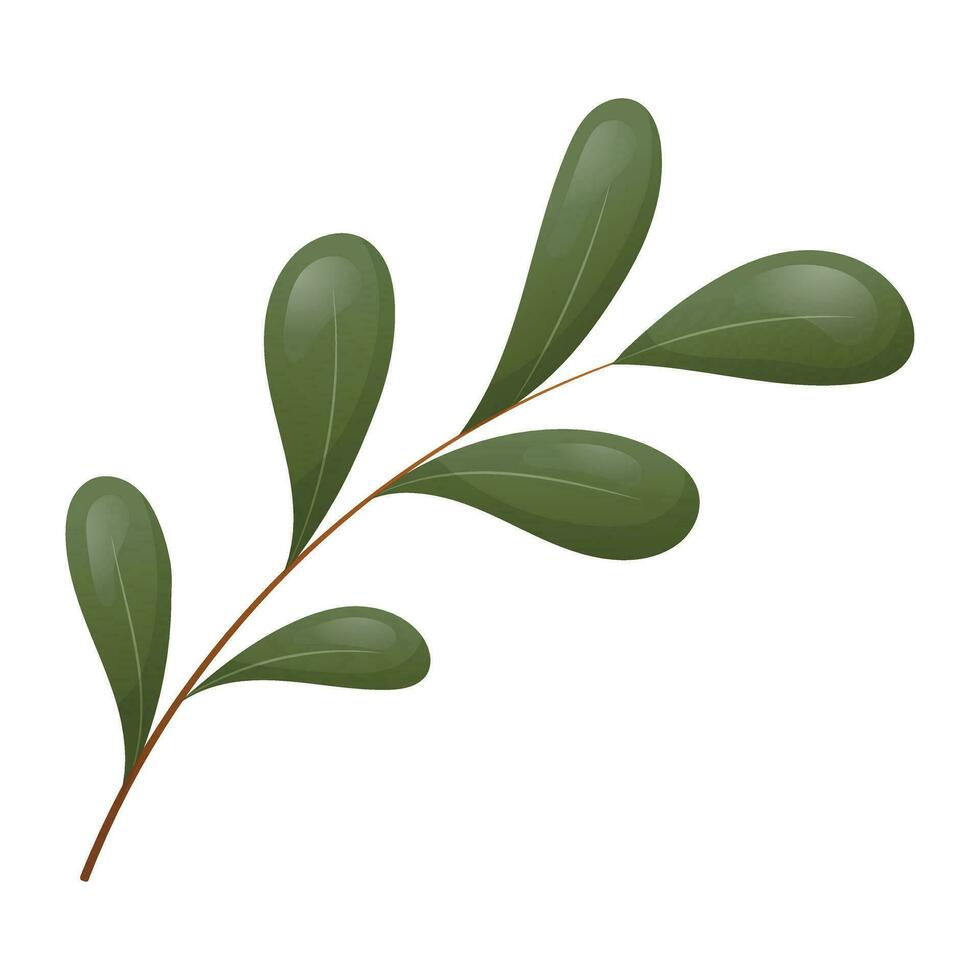 Vector isolated illustration of twig with green cartoon leaves.