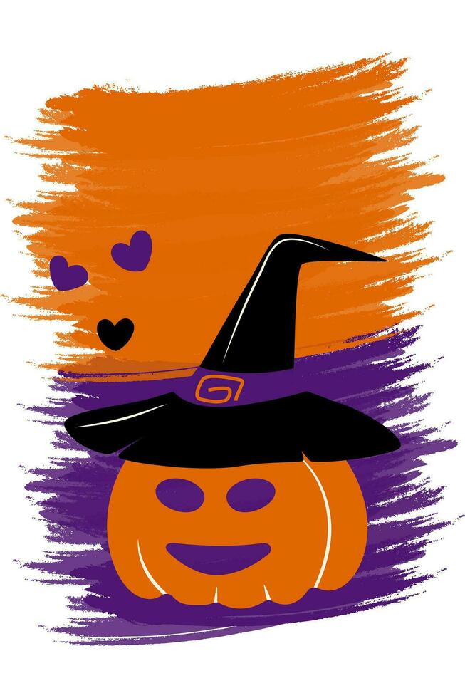 Vertical image of a Halloween pumpkin in witch hat on brush stroke abstract background. Copy space. vector