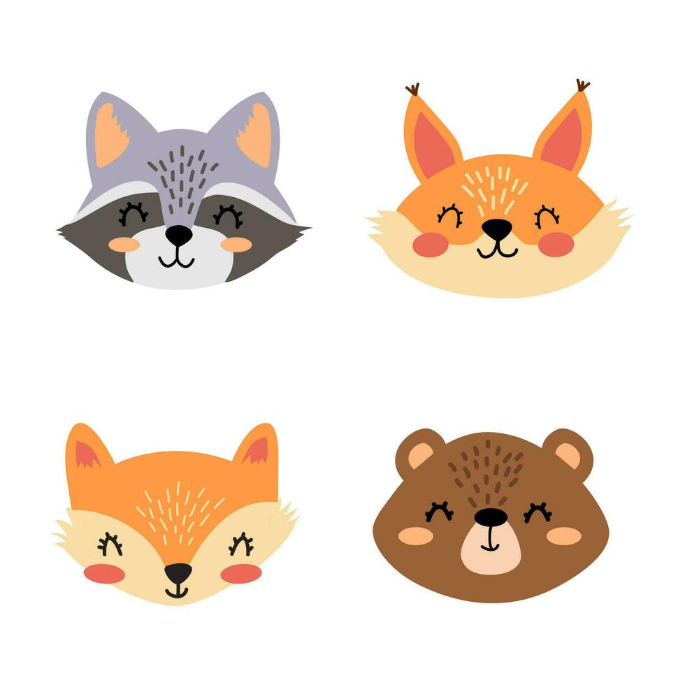 colección de linda gracioso animal caras y cabezas mapache, ardilla, zorro, mapache. conjunto de diferente dibujos animados caras aislado en blanco antecedentes. vistoso mano dibujado vector ilustración.