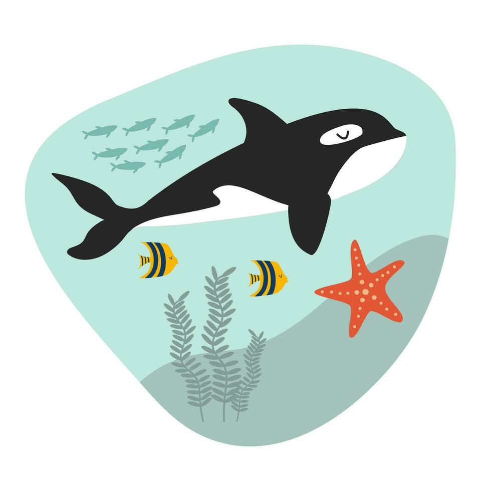 Underwater Life. Cute cartoon underwater world. Deep ocean or sea with fish, orca, starfish, aquatic plants. Vector illustration.  Nautical poster, print, greeting card, children's clothing decor.