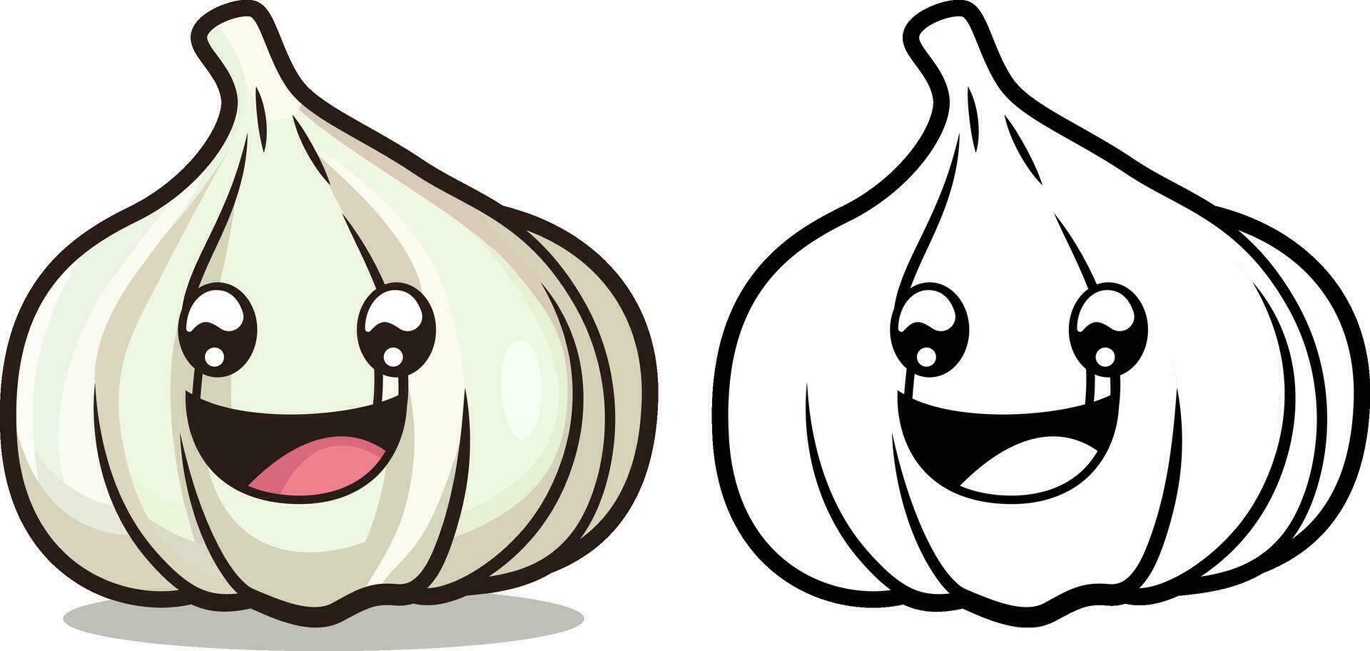 Cartoon happy Garlic character vector illustration, Garlic mascot vector image , colored and black and white line artwork stock vector