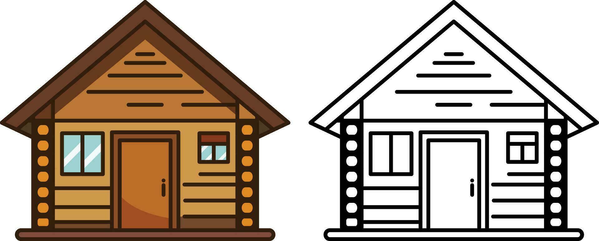 Wooden Cabin vector image, Wooden house or cabana in cartoon style colored and black and white line drawing vector image, jungle house or village cottage stock vector