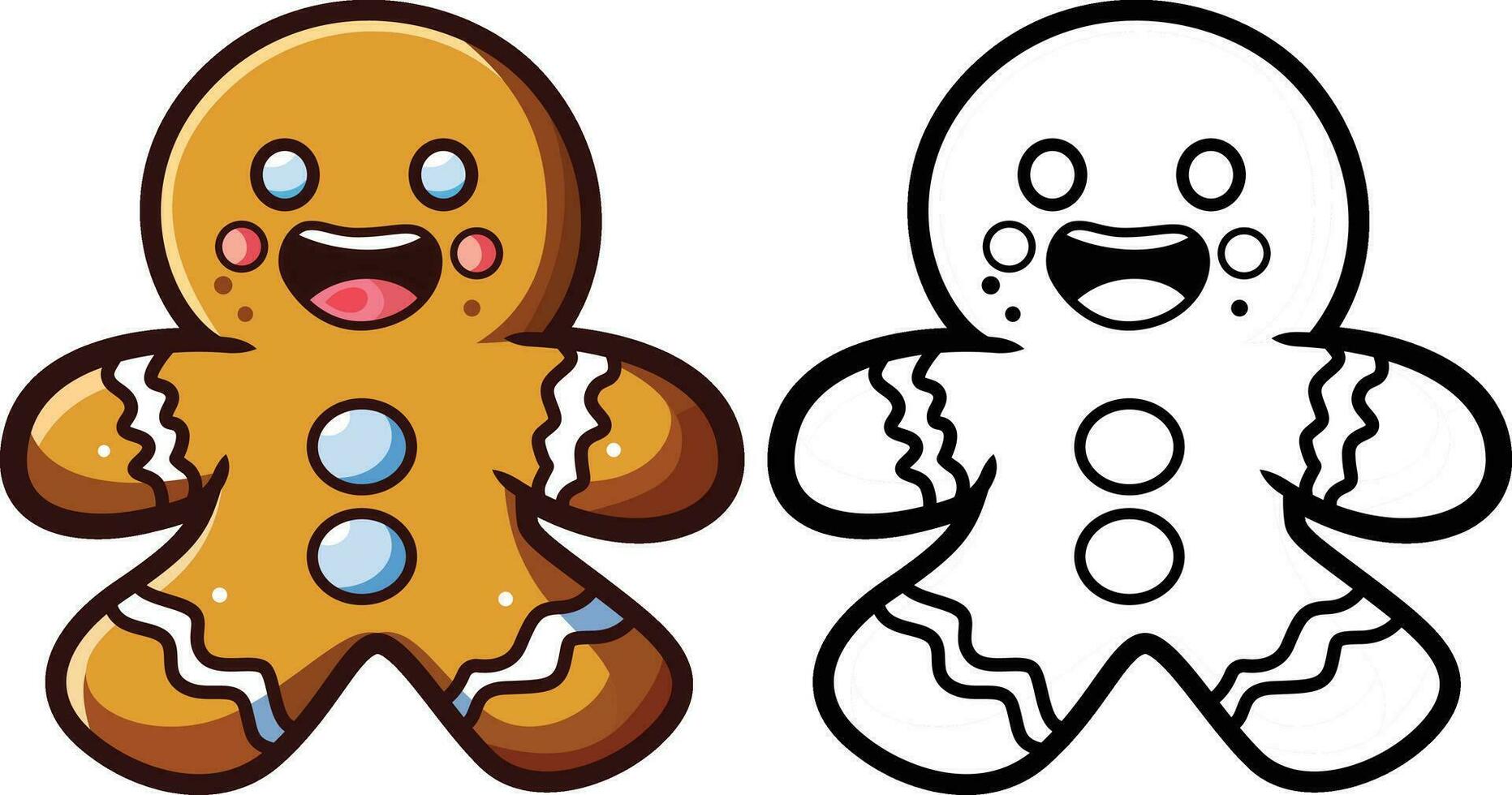 Christmas oatmeal cookie in shape of smiling human vector illustration Gingerbread man decorated with colored icing stock vector image , colored and black and white line art