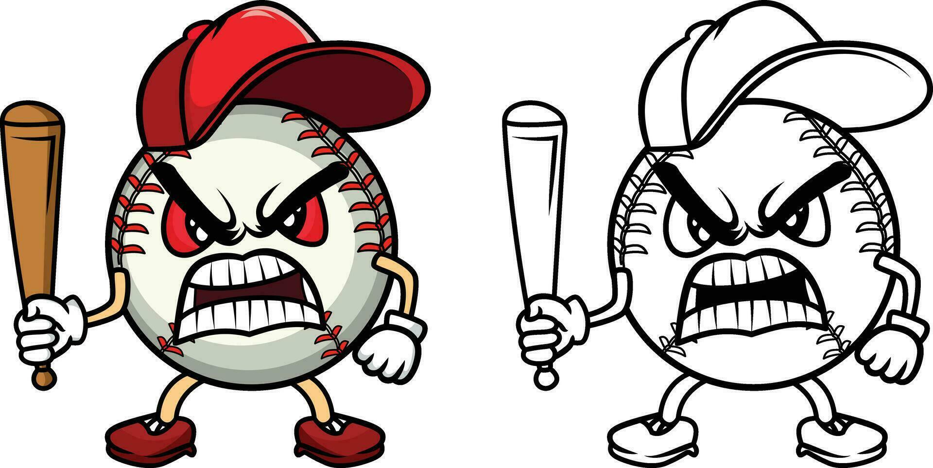 angry baseball wearing a baseball hat and holding a baseball bat cartoon mascot vector illustration ,  Mad base ball mascot character vector image, colored and black and white stock vector