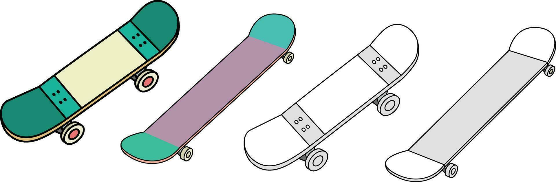 Skateboard in different colors and angles vector illustration , Skating board , roller skate , freewheel colored and black and white vector images