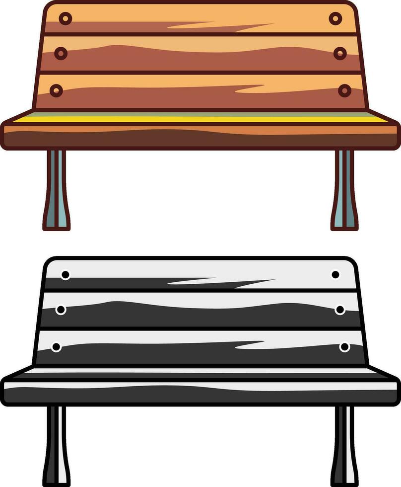 wooden garden bench vector image, Outdoor bench vector illustration in colors and black and white cartoon style stock image