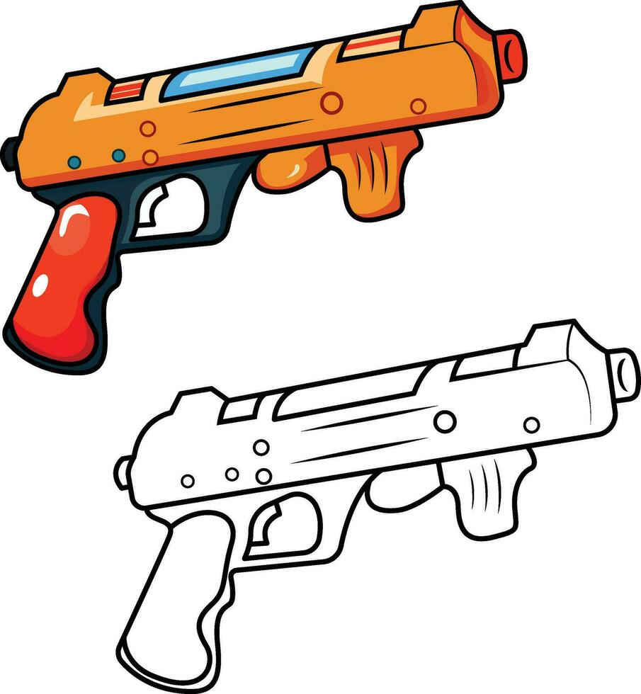 Toy Gun for Nerf Guns Automatic Machine Gun cartoon vector illustration, Electric Toy Foam Blasters Guns with toy bullets vector image , colored and black and white line artwork