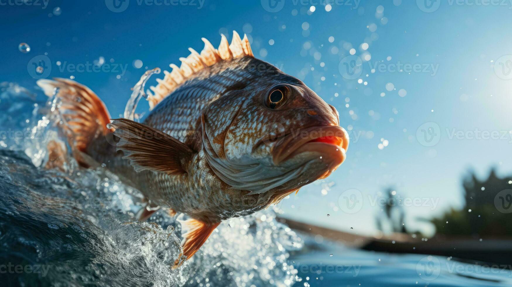 Snapper jumping out of the water background with empty space for text photo