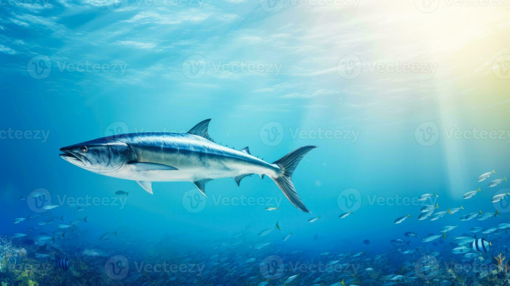 Barracuda leaping out of the sea background with empty space for text photo