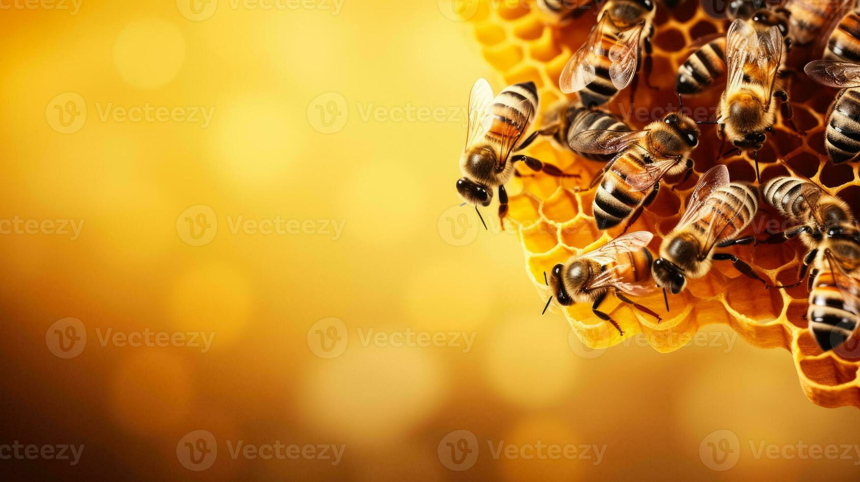 Cute swarm of bees working at bee honeycomb background with empty space for text photo