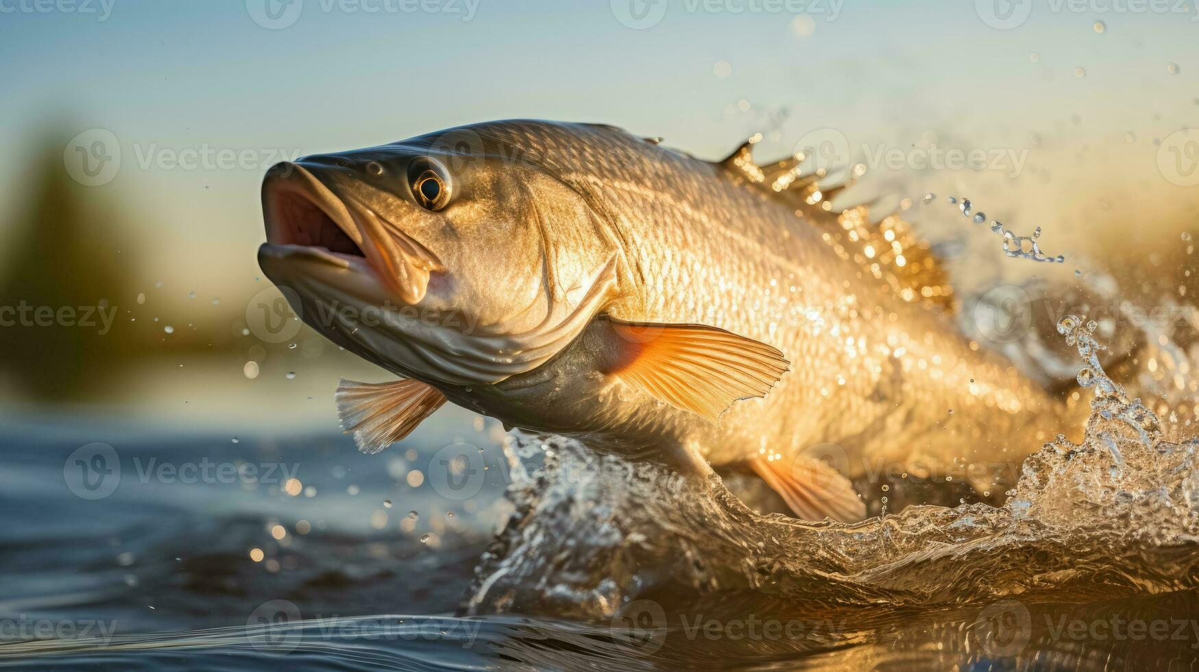 Snook leaping out of the water background with empty space for text photo