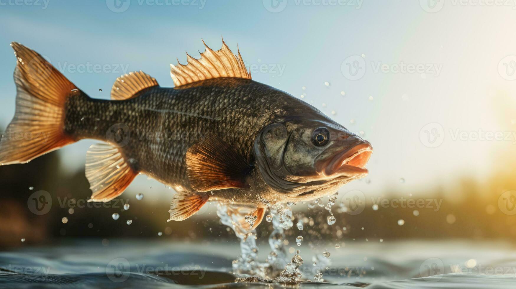 Catfish jumping out of a river background with empty space for text photo