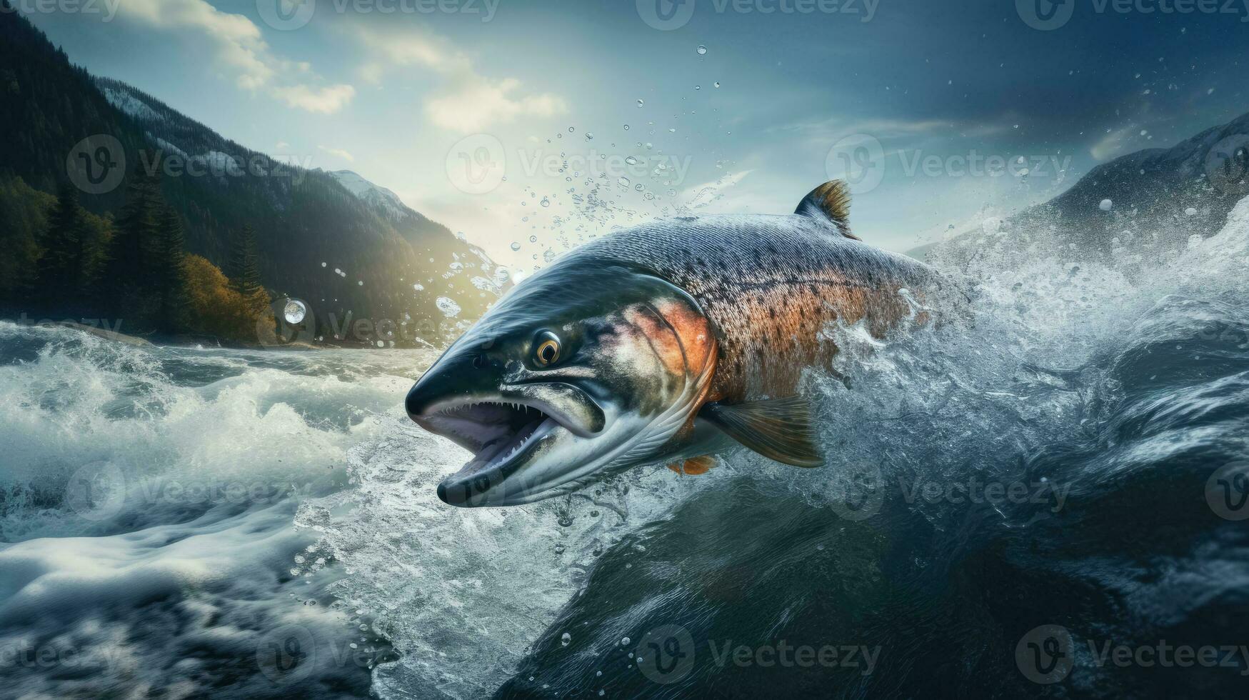 Salmon jumping out of a river background with empty space for text photo