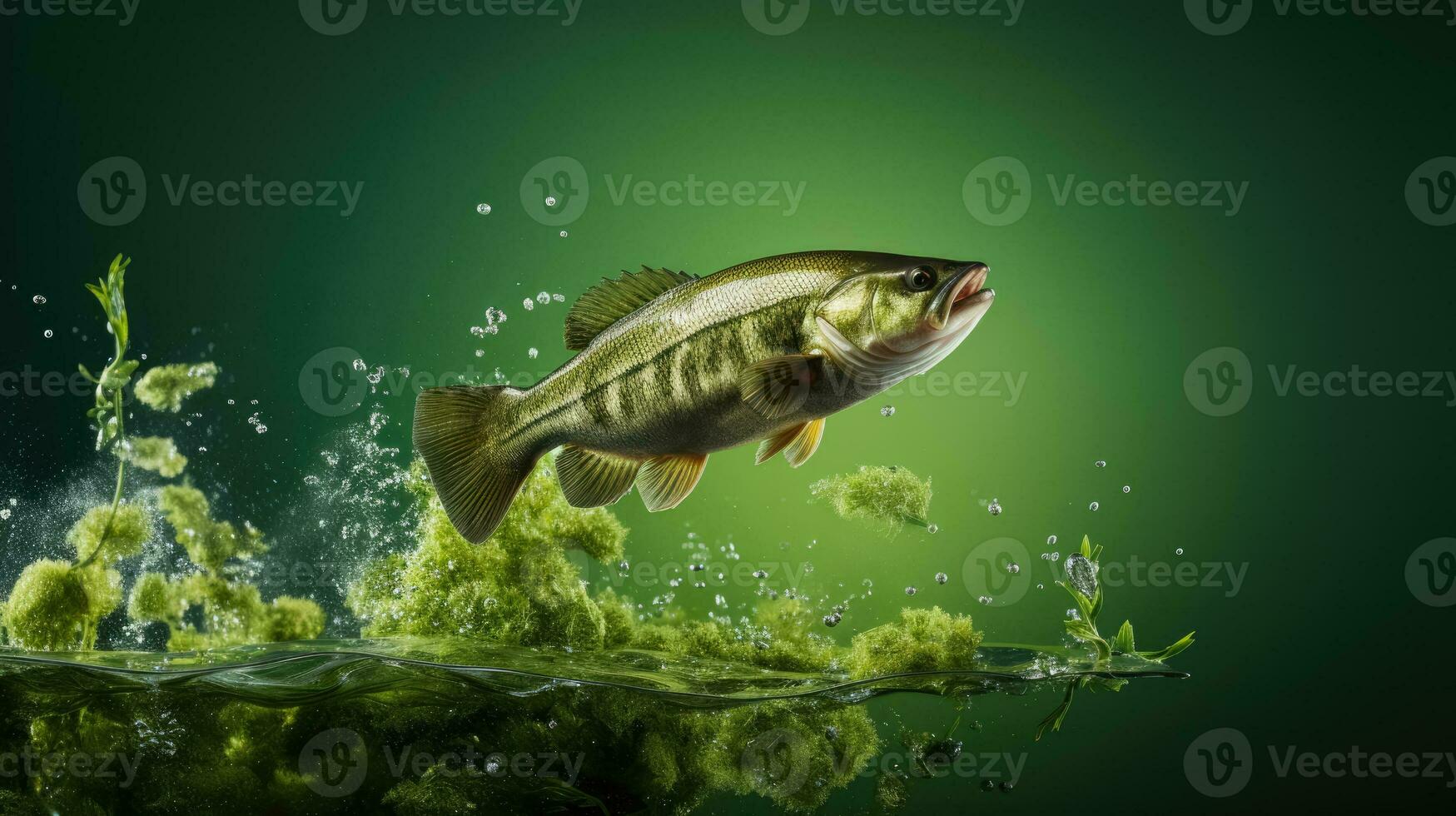 Bass jumping out of a pond background with empty space for text photo