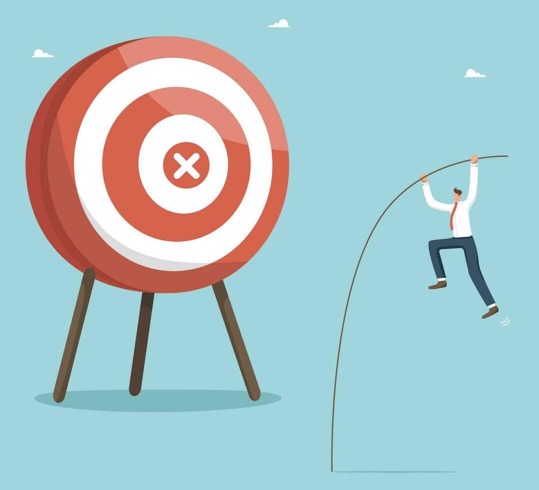Achieving business goals through hard work, motivation and determination for great success, creative strategies for high performance in work and career growth, a man with a pole jumps on a target. vector