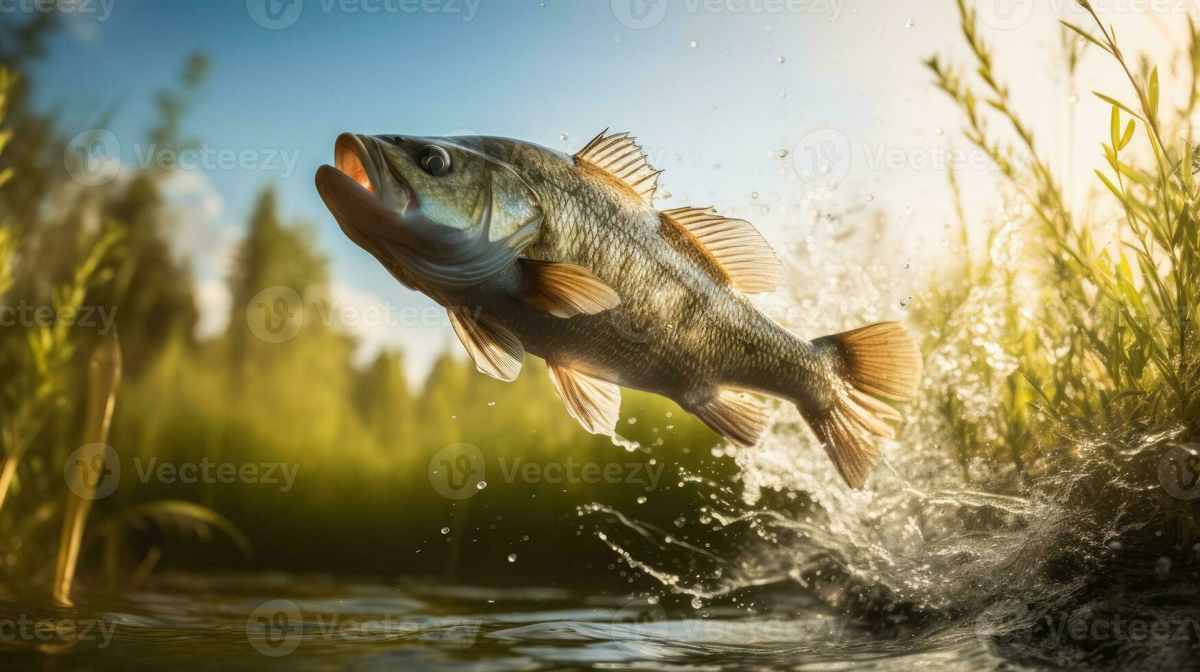 Bass jumping out of a pond background with empty space for text photo