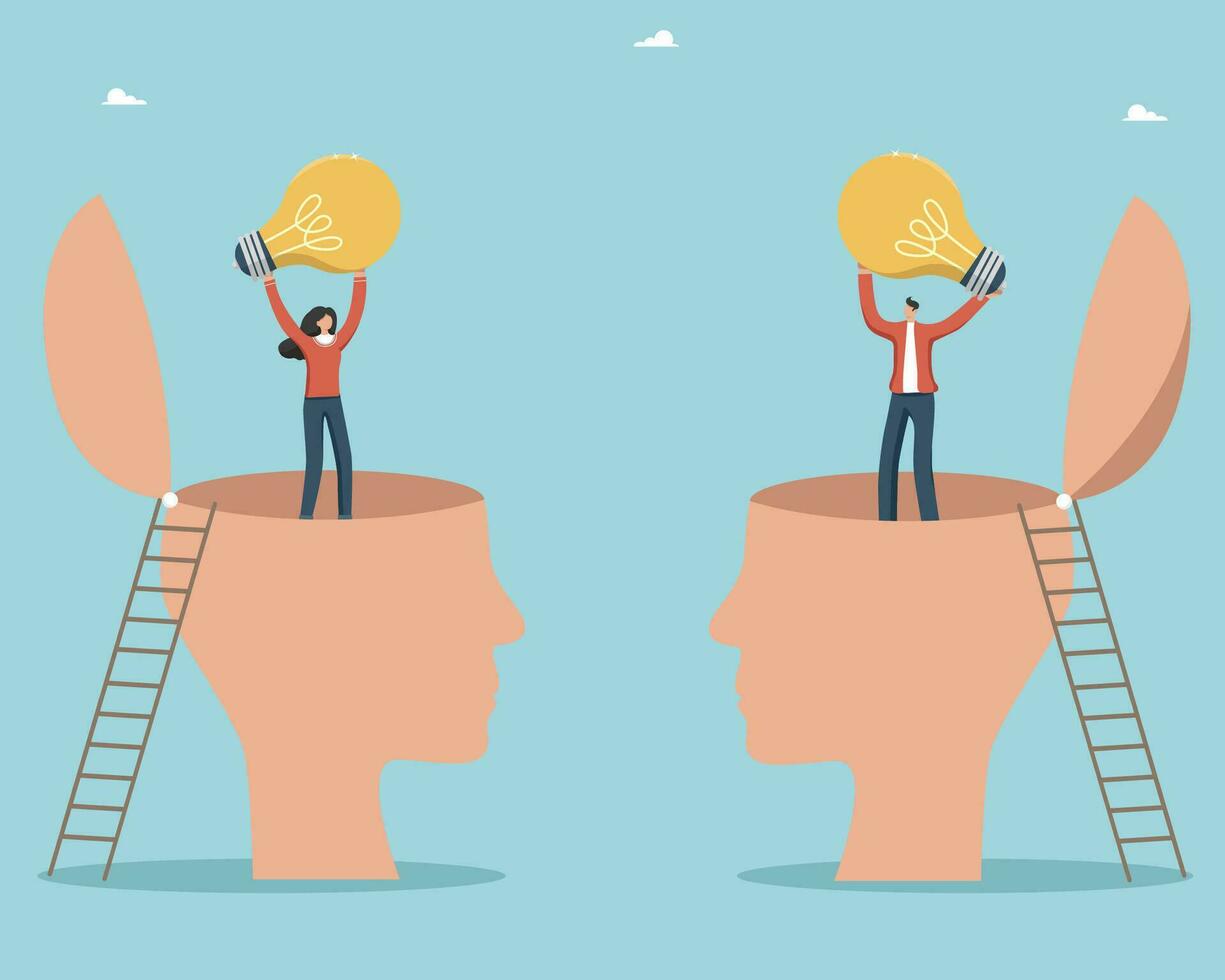 Collaboration and teamwork in search of new creative ideas, thought process and logic as key to success, solving complex tasks, brainstorming to create innovations, people found light bulbs in heads. vector