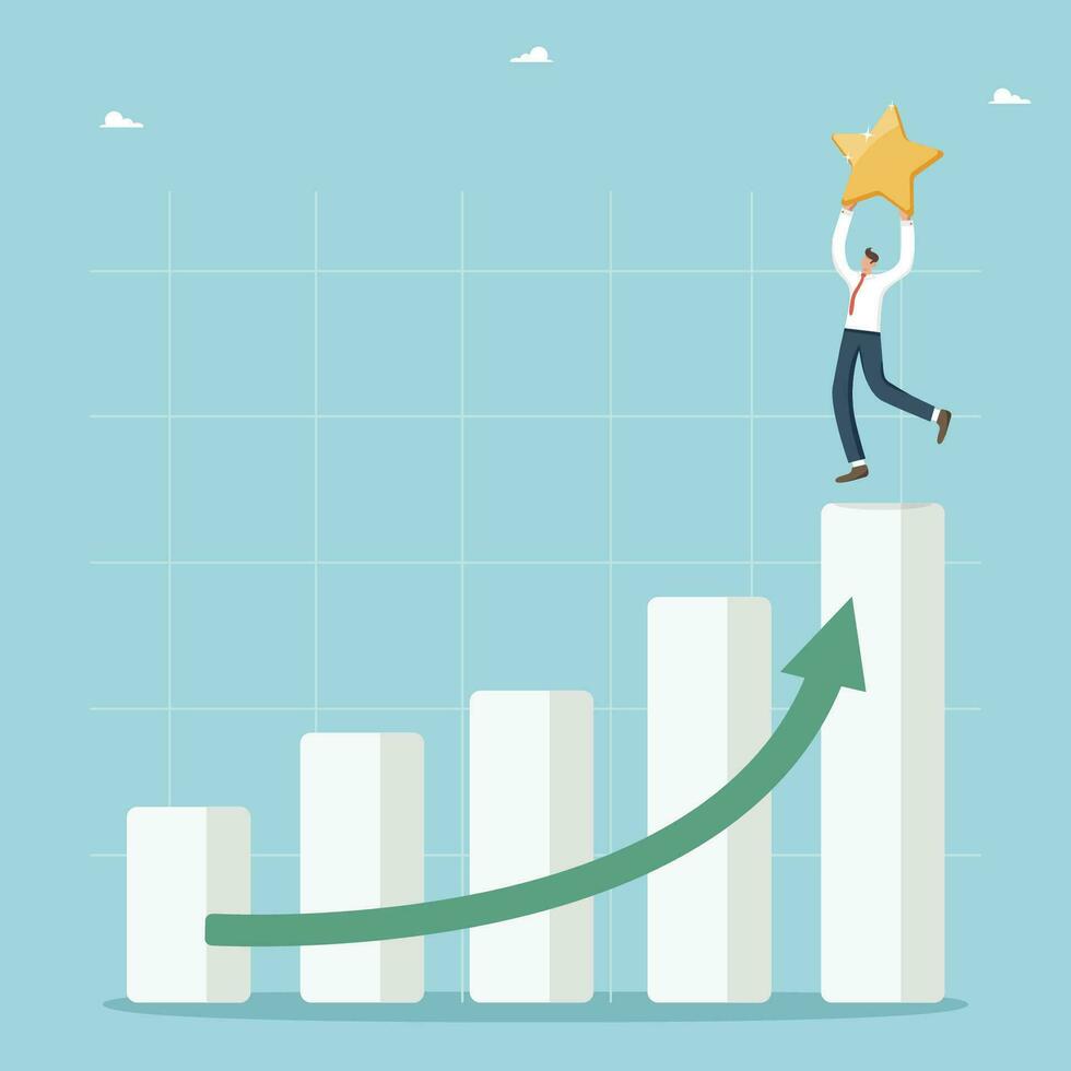 Desire and motivation in achieving goals, high results in work or study, rapid career growth, great success in business and receiving award, growth and development, man at the top of graph with a star vector