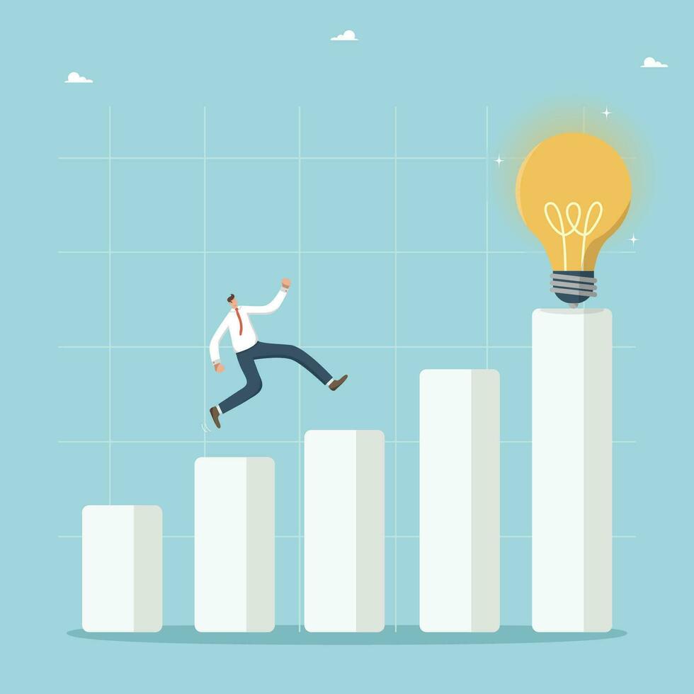 Ways or methods for creating innovative ideas, growth and development of innovation market, brainstorming to find strategies to increase business profitability, man runs on growing graph to light bulb vector
