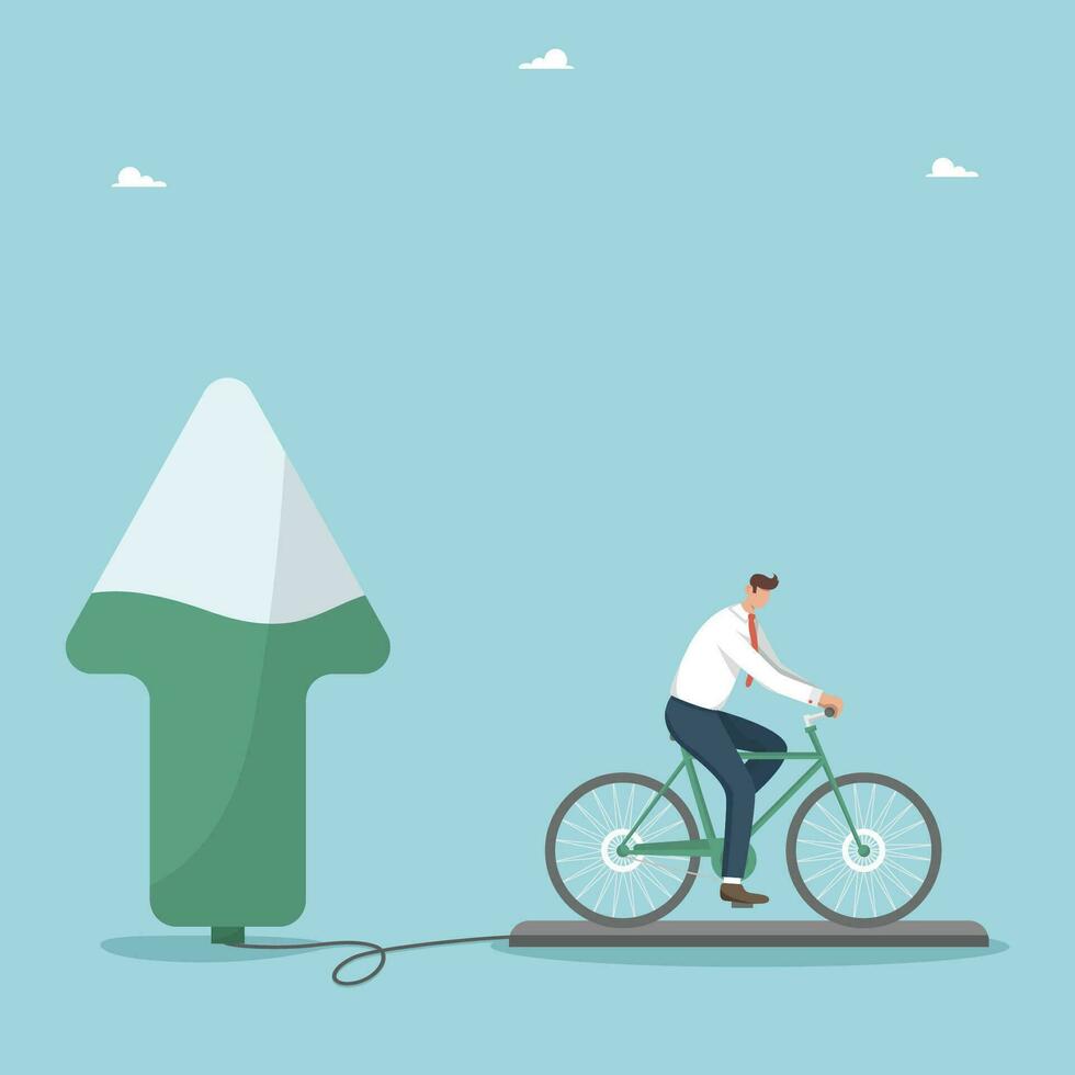 Motivation and desire for personal and business growth and development, creative strategies to achieve goals, open up new opportunities for great success, businessman on exercise bike charges an arrow vector