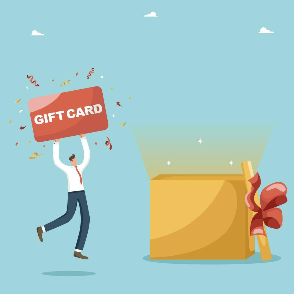 Sending gift coupons and promotional codes to potential buyers, targeting and promotion strategy, notifying customers about promotions and discounts on products, a happy customer receives a gift card. vector