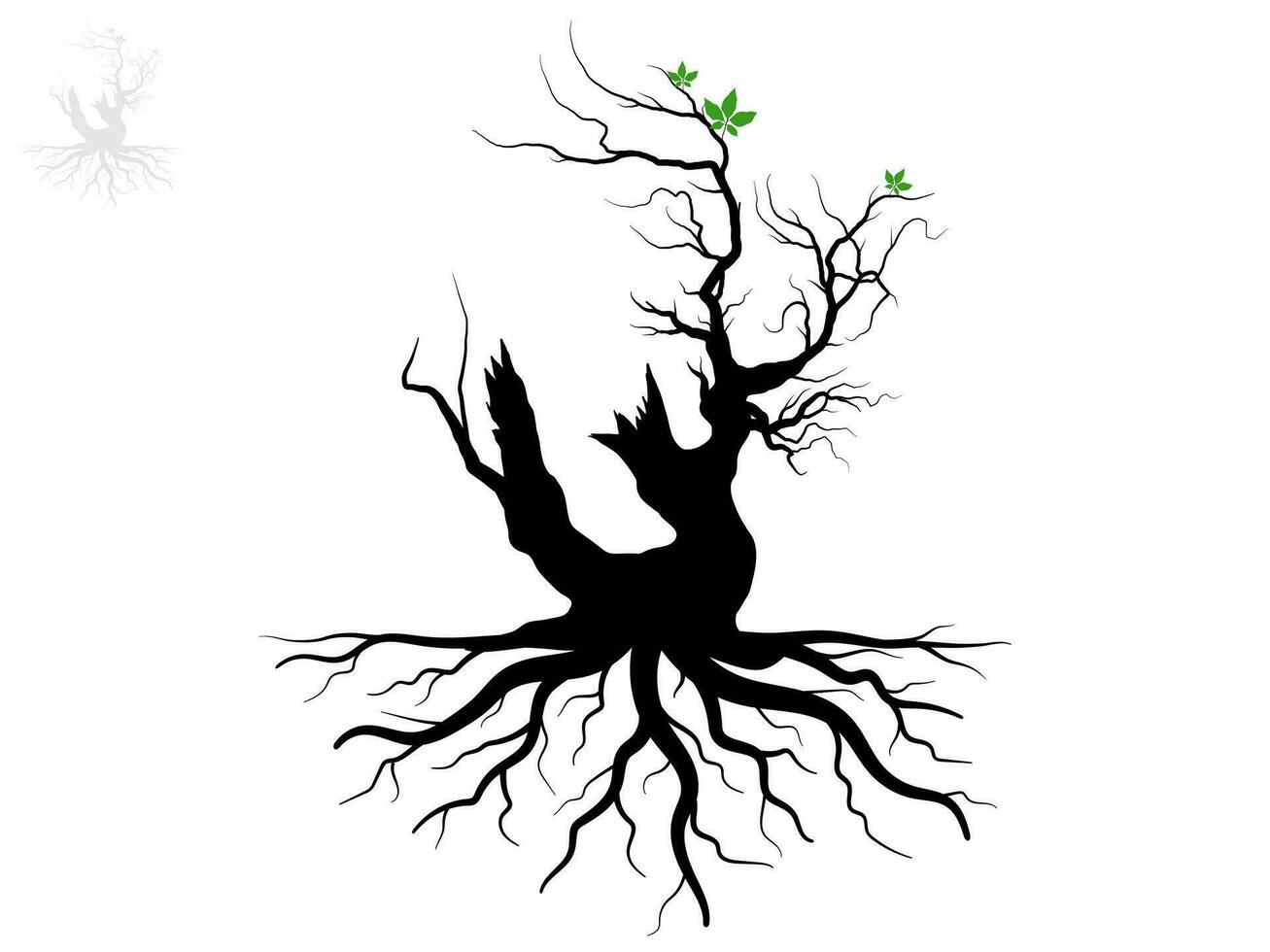 Black Trees and root with leaves look beautiful and refreshing. Tree and roots LOGO style. vector