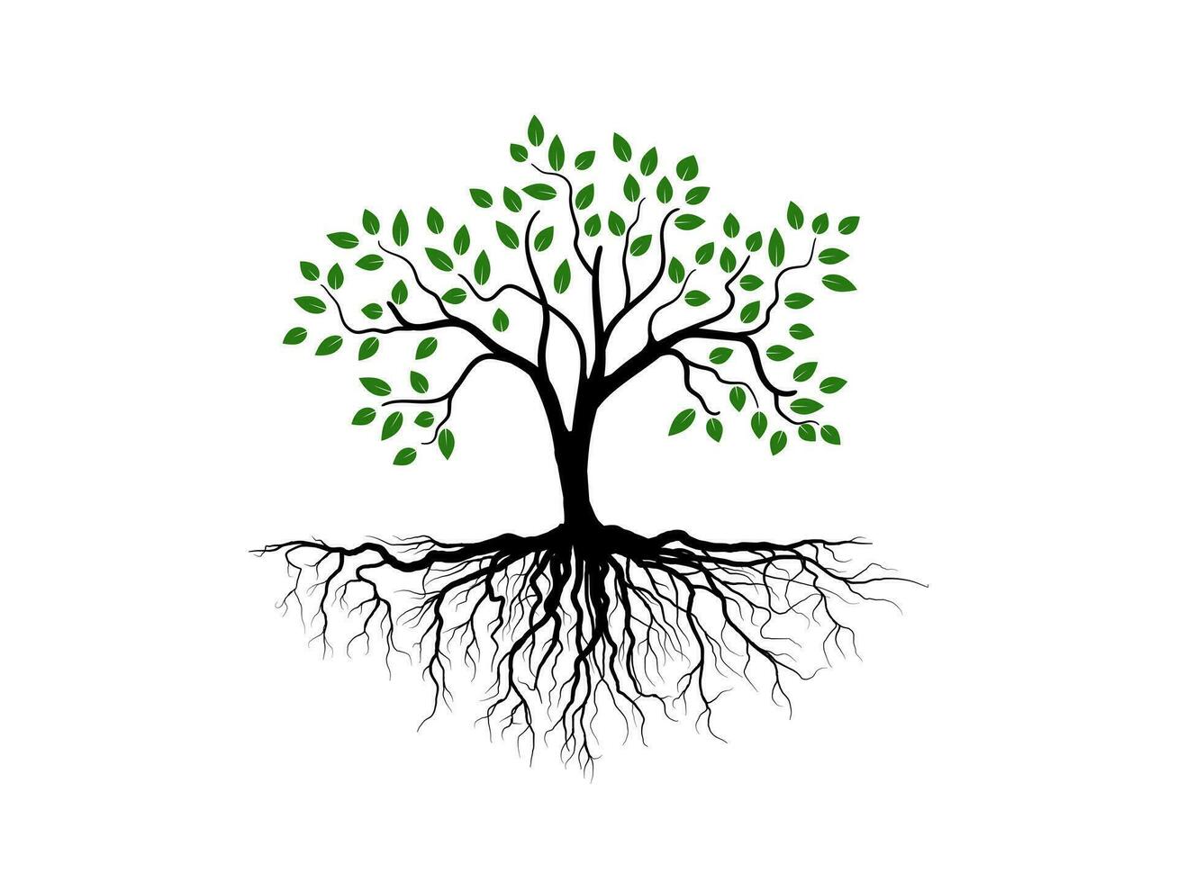 los árboles y las raíces con hojas verdes se ven hermosos y refrescantes. estilo de logotipo de árbol y raíces. vector