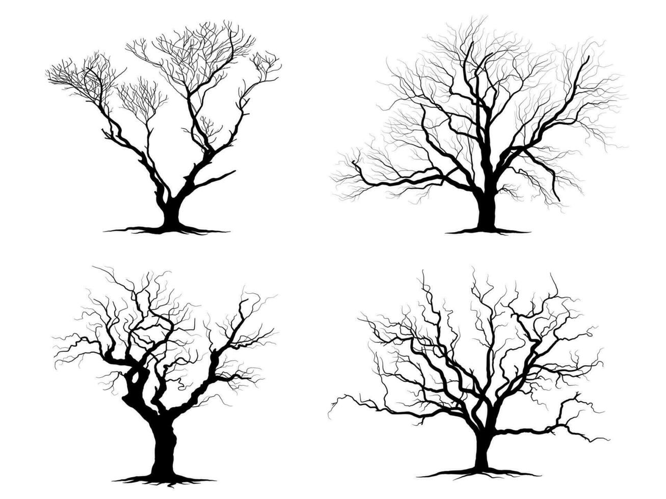 árbol de rama negra o siluetas de árboles desnudos. ilustraciones aisladas dibujadas a mano. vector