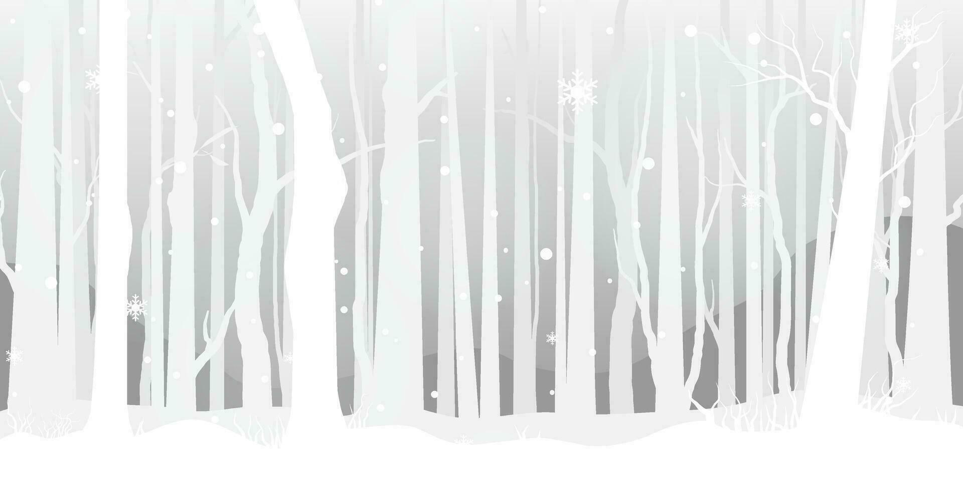 White tree forest background and snowing for winter season concept. Hand drawn isolated illustrations. vector