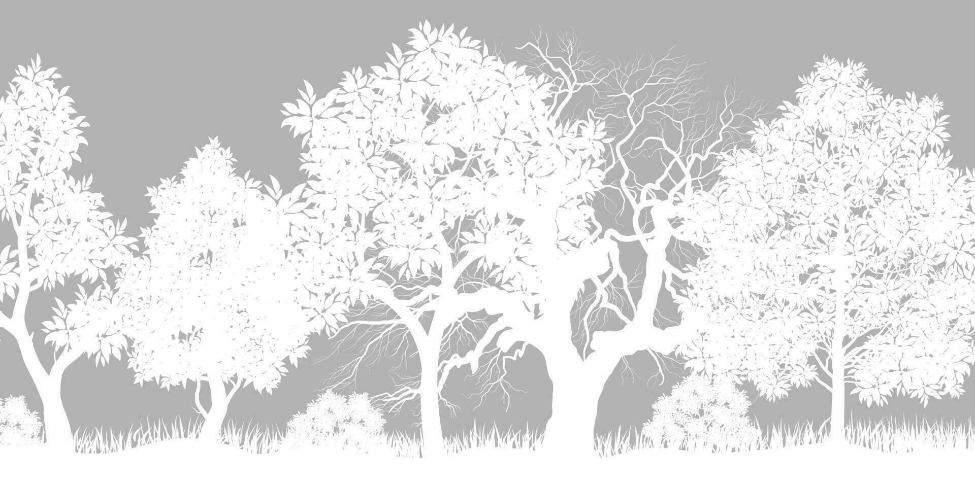 fondo de bosque de árboles blancos y nevando para el concepto de temporada de invierno. ilustraciones aisladas dibujadas a mano. vector