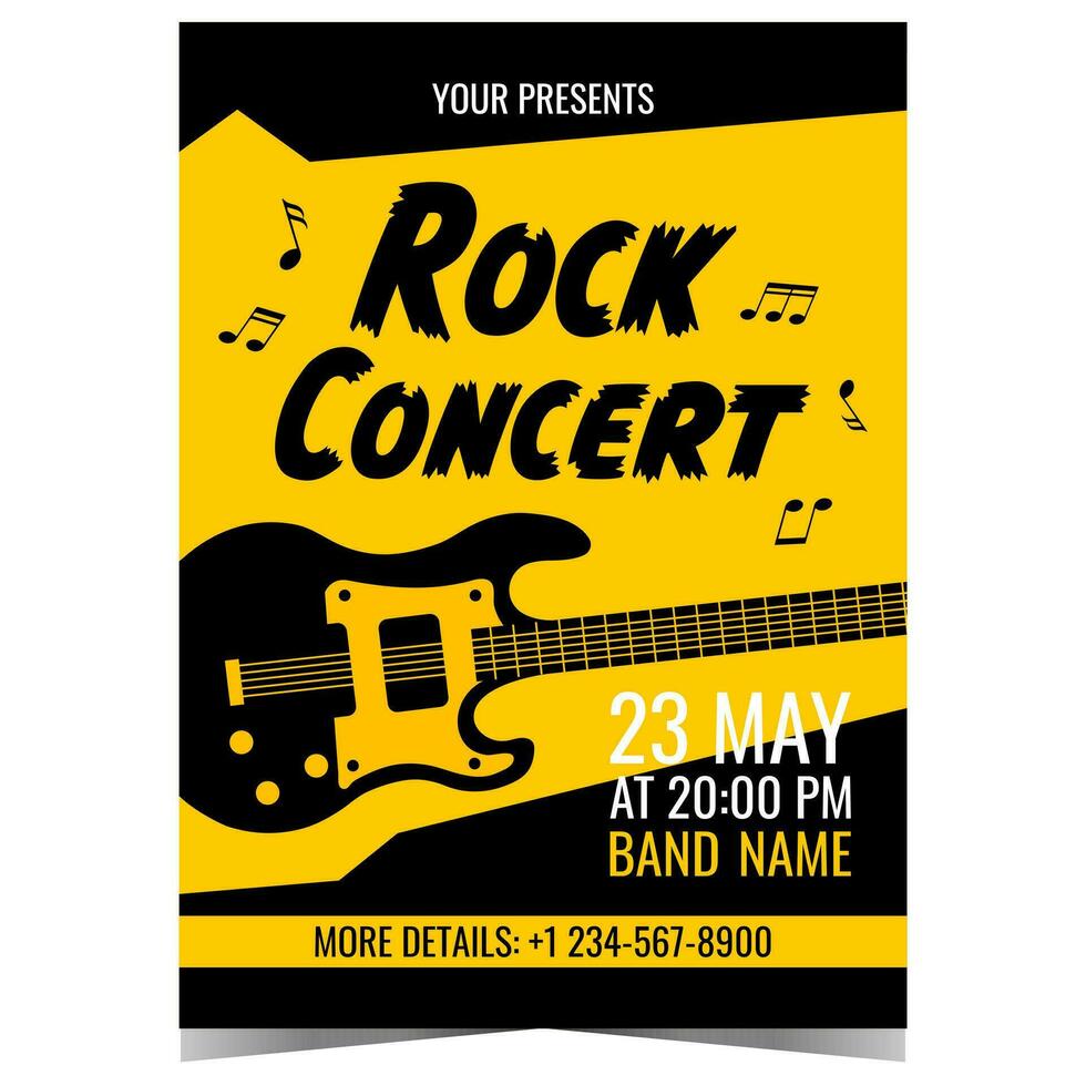 rock concierto vector diseño modelo con eléctrico guitarra y musical notas en negro amarillo antecedentes. bandera o póster, invitación folleto o volantes para difícil rock espectáculo o pesado metal música festival.