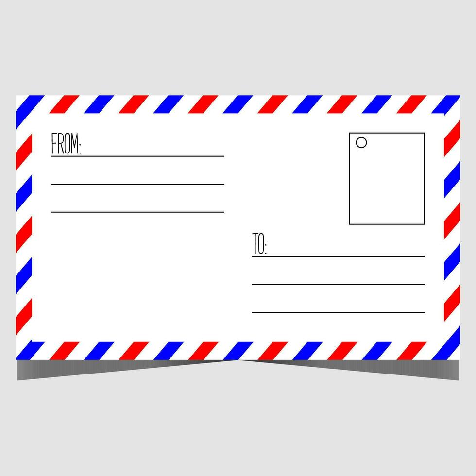 Empty mail postcard design template. Vector illustration of blank mockup of standard paper post card with fields for recipient and sender and place for postage stamp. Ready to print horizontal layout.