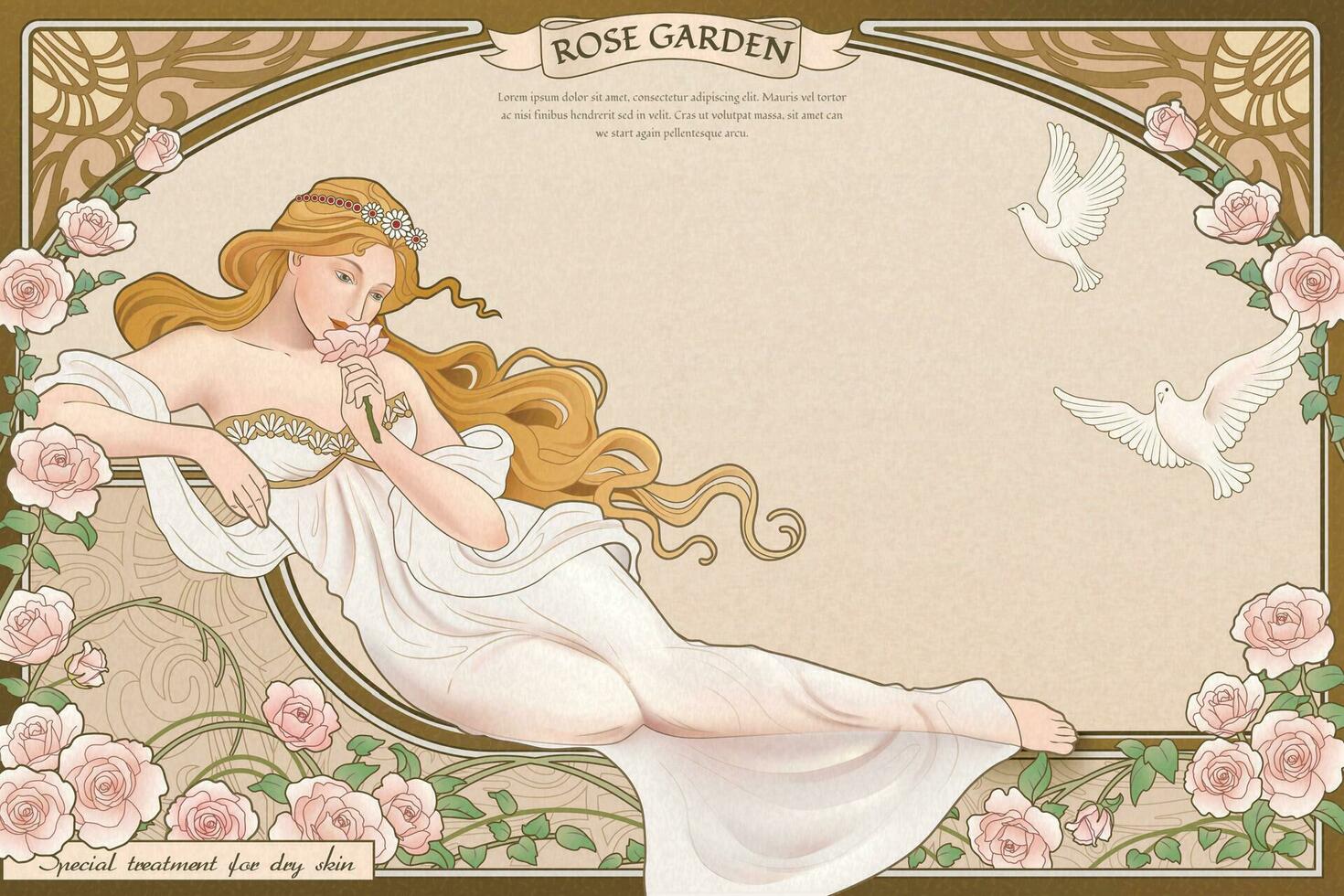 Elegant art nouveau style goddess lying nearby roses garden with elaborated frame vector