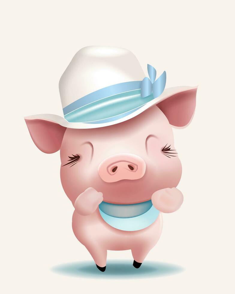 Cute piggy cartoon wear a hat is dancing vector illustration