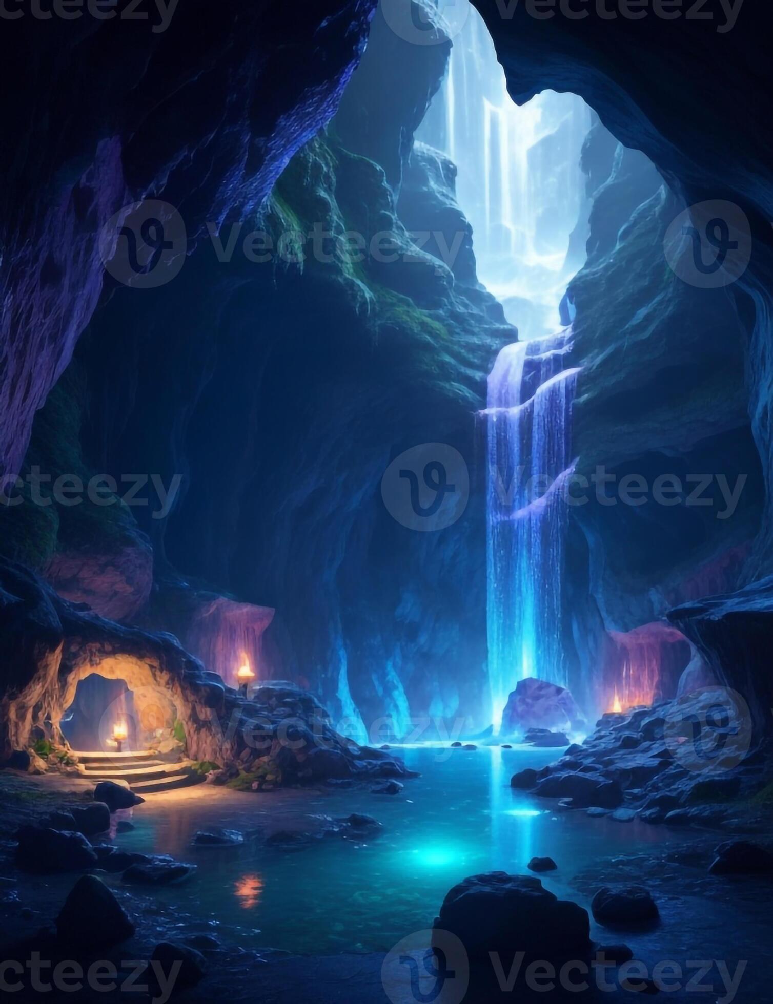 A hidden underground cavern with glowing crystal, generative ai